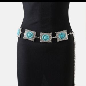 NWT Ornate Western Turquoise Cluster Square Concho Chain Belt